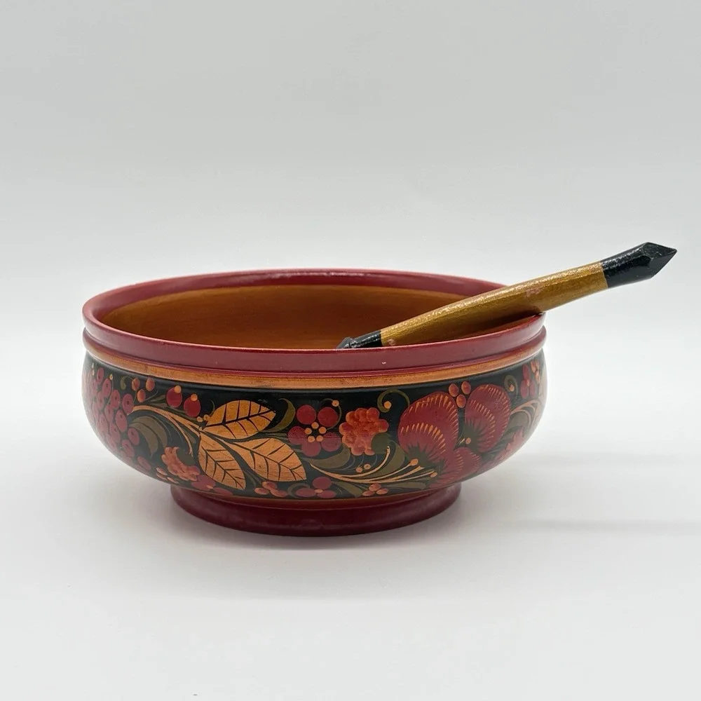 Russian Art Khokhloma Wooden Bowl Matching Spoon Traditional Floral Berry Design